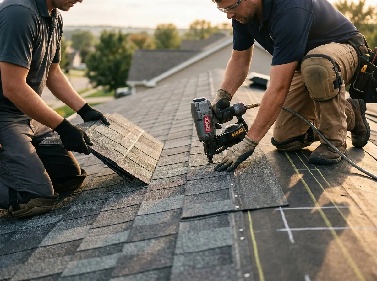 Professional roofer working on a residential roof in Winthrop Harbor